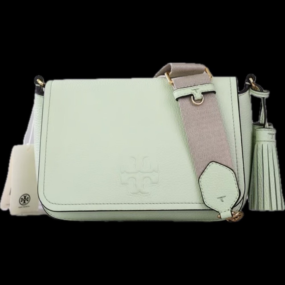 Tory Burch Thea Web Flap Pebbled Leather Crossbody in Meadow Mist